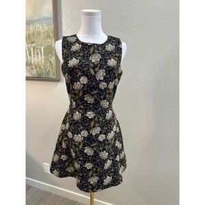 Zara Basic Black Floral Tapestry Mini Dress Sleeveless Fit Flare Size M